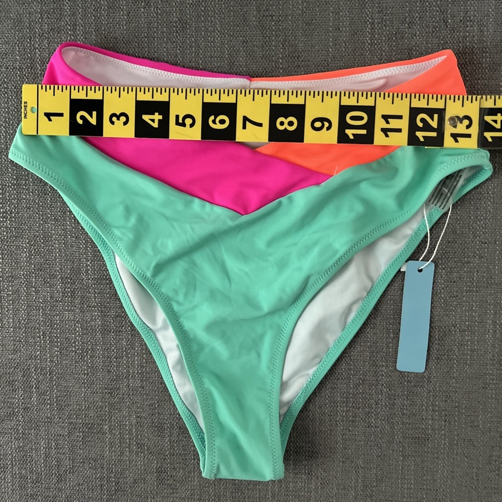 Popvil Neon Color Block High Waisted Bikini Bottom Pink Orange Mint SZ MED NWT - Picture 2 of 10